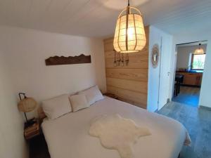 1 dormitorio con 1 cama blanca y 1 lámpara en Appartement 2 pièces en Montmin