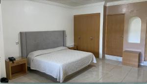 1 dormitorio con cama, ventana y puerta en Hotel Camelinas en Apatzingán de la Constitución