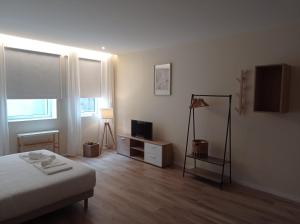 um quarto com uma cama e uma televisão em Lemago Porto Apartments - Câmara no Porto
