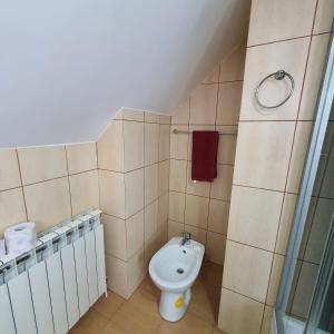 a small bathroom with a toilet and a sink at Apartament 3 camere strada Bailor Baltatesti in Bălţăteşti