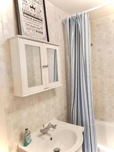 a bathroom with a sink and a shower curtain at White chapel Holiday 2 Bedroom Apartment in London