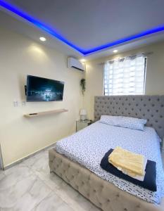 1 dormitorio con 1 cama grande y techo azul en Acogedor apartamento, en Santiago de los Caballeros