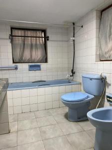 a bathroom with a blue toilet and a tub at MercuryFM 103 Guest House - Colombo 3 in Colombo