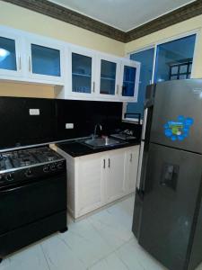 een keuken met zwarte apparatuur en een zwarte koelkast bij Acogedor Apartamento in Santiago de los Caballeros