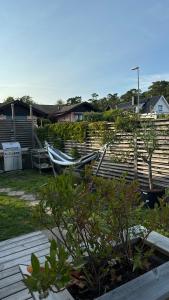 un jardín con una hamaca en un patio en Strandviks semesterboende, en Halmstad