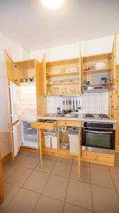 a kitchen with wooden cabinets and a stove top oven at Ferienwohnung Forsthaus am Brocken, 35 qm, 1 Wohn-Schlafzimmer F1 in Ilsenburg