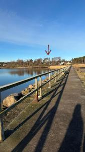 Cień osoby obserwującej ptaka latającego przez most w obiekcie Strandviks semesterboende w mieście Halmstad