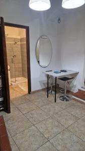 bagno con tavolo, specchio e doccia di Chez Taii a Serralta