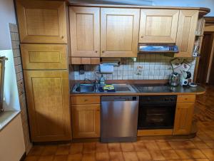 a kitchen with wooden cabinets and a stainless steel dishwasher at Appartement Il Gallo in Forno di Zoldo