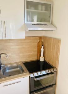 a kitchen with a stove and a sink and a microwave at Appartement cosy in Dijon