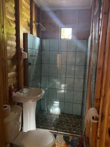 y baño con lavabo, aseo y ducha. en La Mochis, en Puerto Jiménez