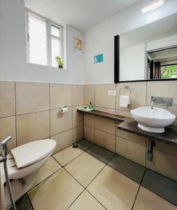 een badkamer met een wastafel, een toilet en een spiegel bij The Royal Living I Indiranagar in Bangalore