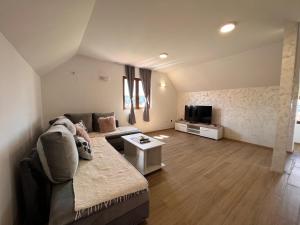 uma sala de estar com um sofá e uma televisão em Apartmani Beli medved em Bajina Bašta