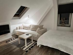 a living room with a couch and a bed at Apartament Bronowice 2 in Kraków