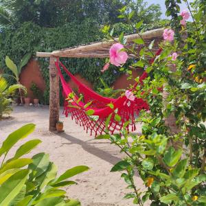 a red hammock in a garden with flowers at De Ventto Em Popa - São Miguel do Gostoso RN in São Miguel do Gostoso