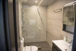 a bathroom with a shower and a toilet and a sink at StayZeta in Análipsis