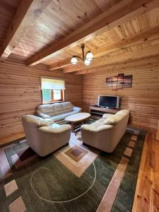 a living room with two couches and a tv in a log cabin at Сієста in Svityazʼ
