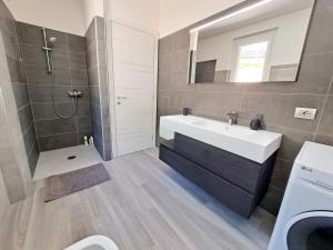 a bathroom with a sink and a shower and a mirror at Immobillario - Lakes Dream in Domaso +29 photos