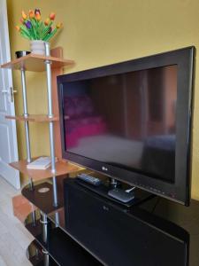 a flat screen tv sitting on a entertainment center at Entire apartment in Pakruojis in Pakruojis