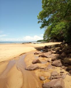 a sandy beach with rocks and trees on it at L'OUSTAL DE NOSY BE in Nosy Be