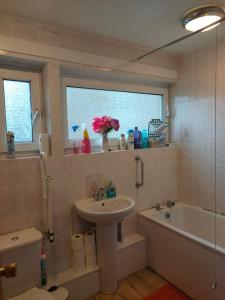 a bathroom with a sink and a tub and a toilet at Basildon Holiday Home in Essex UK in Laindon