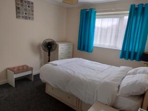 a bedroom with a bed and a window with blue curtains at Basildon Holiday Home in Essex UK in Laindon
