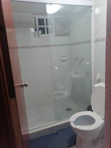 y baño con ducha de cristal y aseo. en Departamento Centro Cancún SM 29, en Cancún
