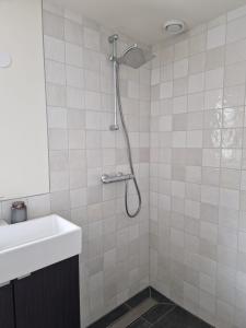 a bathroom with a shower and a sink at Fenix Edam in Edam