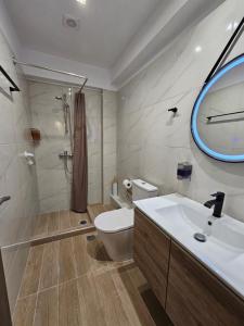 ein Bad mit einem WC, einem Waschbecken und einer Dusche in der Unterkunft Lemon Tree Inn in Markopoulo