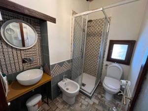 La salle de bains est pourvue d'un lavabo, de toilettes et d'un miroir. dans l'établissement La soffitta nel Bastione, à Pitigliano