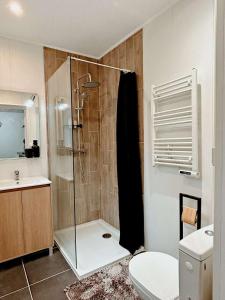 y baño con ducha, aseo y lavamanos. en Bel appartement sur Dunkerque, en Dunkerque
