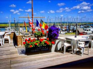 a marina with tables and chairs and flags and flowers at Detached family friendly villa in the Oosterschelde National Park in Colijnsplaat