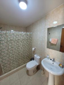 W łazience znajduje się toaleta, umywalka i prysznic. w obiekcie Habitación con baño propio para 2 personas como máximo w mieście Lima
