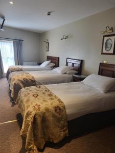 um quarto de hotel com quatro camas e cobertores em JBs Bar & Guest Accommodation em Kilkenny