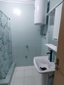 a white bathroom with a shower and a sink at Gueshouse DaIris in Mostar