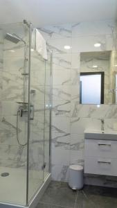 een badkamer met een glazen douche en een wastafel bij Bon Żur in Brzeg