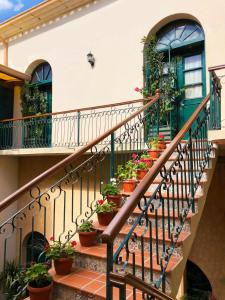 un grupo de macetas en las escaleras de una casa en Casona Gloria, en Tarija