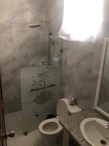a bathroom with a shower and a toilet and a sink at Hotel Cambri in Nagua