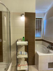 a bathroom with a shower and a tub and a sink at vila Rosmarin in Dobra Voda +77 photos
