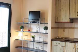 a kitchen with shelves with a tv and alevision at Estudio en Centro de Segovia 2 in Segovia