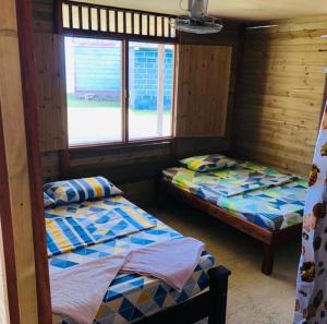 2 Betten in einem Zimmer mit 2 Fenstern in der Unterkunft HOSTAL CRUZ DEL MAR in Capurganá