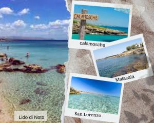 un collage di foto della spiaggia e dell'acqua di Casa Noto Fiorita a Noto