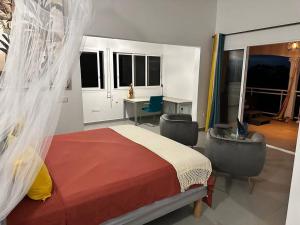 Schlafzimmer mit einem Bett, einem Schreibtisch und Fenstern in der Unterkunft VILLA JASMIN : EXCEPTIONNELLE !! in Petit-Bourg