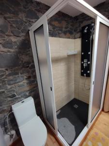 a bathroom with a shower with a toilet in it at Casa do terno com piscina in Arco da Calheta