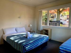 een slaapkamer met een bed met een knuffeldier erop bij Pinewood Lodge and Apartments in Queenstown