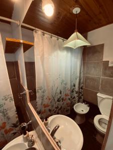 La salle de bains est pourvue d'un lavabo et de toilettes. dans l'établissement Cabañas Los Pioneros, à Tandil