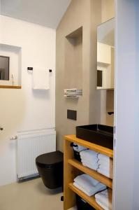 a bathroom with a black toilet and a sink at Eifel Cottage Biersdorf am See in Biersdorf