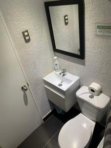 een badkamer met een toilet, een wastafel en een spiegel bij La Quebrada de Pinomar in El Quisco