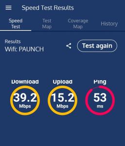 a screenshot of a cell phone with the speed test results at Jungle Paunch in Bocas Town