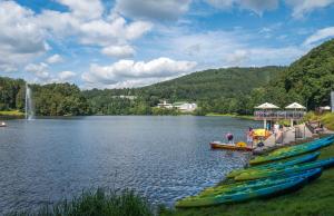 a group of kayaks parked on the shore of a lake at Ferienhaus Eifelurlaub in Biersdorf